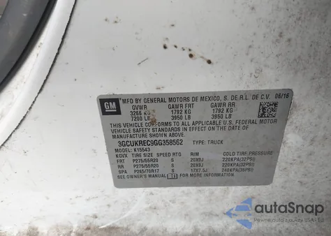 2016 Chevrolet Silverado 1500 2Lt из США, поврежденный, VIN 3GCUKREC9GG358562